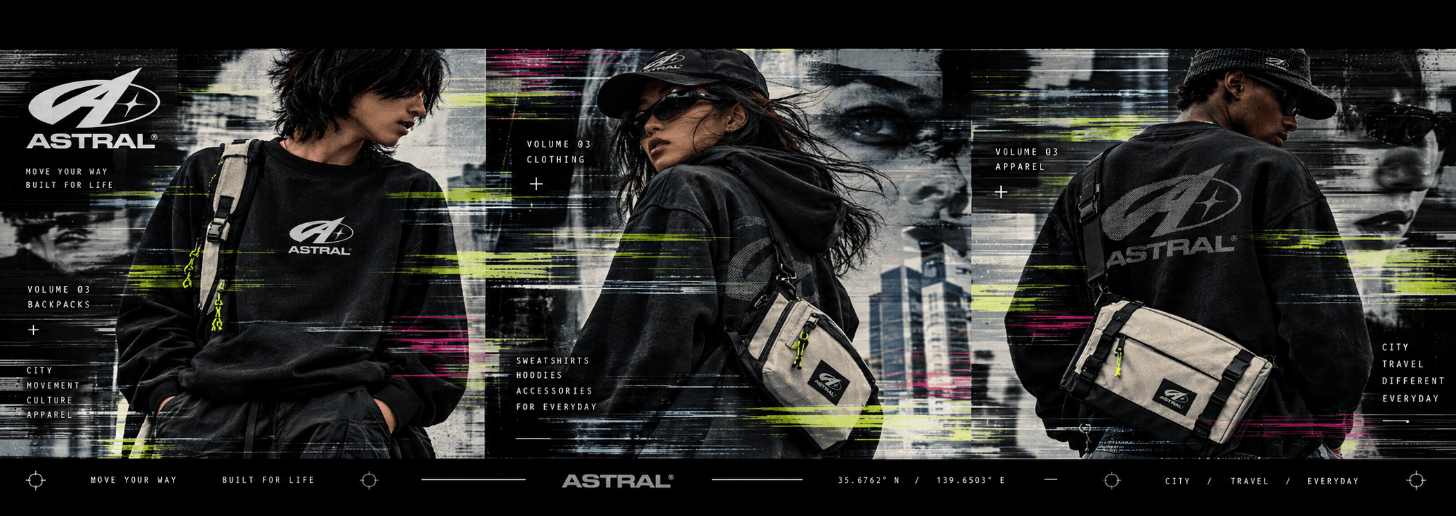 Collage de personas usando ropa ASTRAL en la ciudad